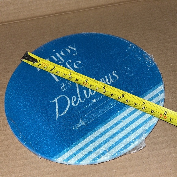 “Enjoy Life it’s Delicious” Blue Striped Cooking Concepts Glass Cutting Board - Picture 3 of 5